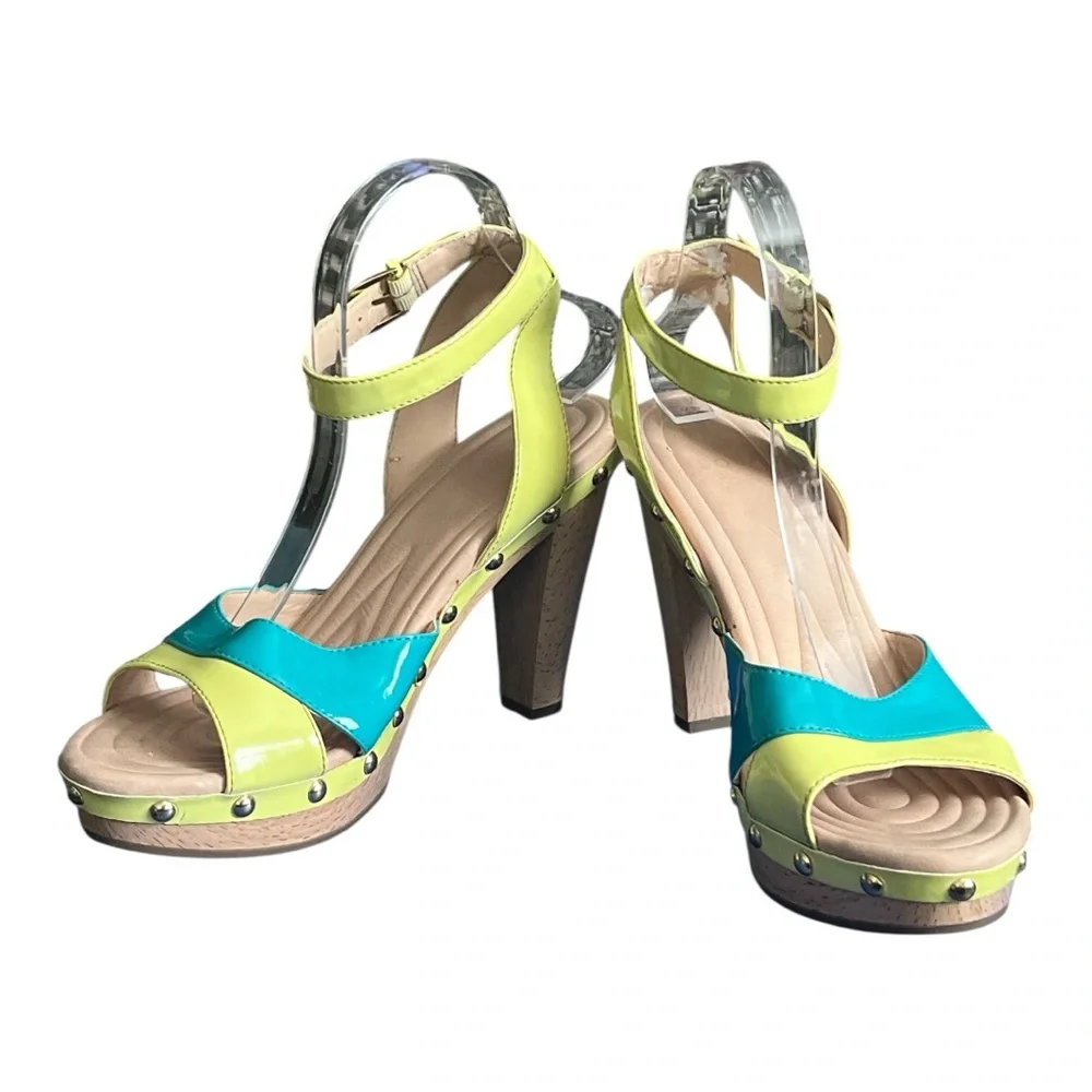 ISOLA Madalen Platform Sandal Heel Sz 9.5 Wood Grain Yellow Aqua Gold Ankle Open